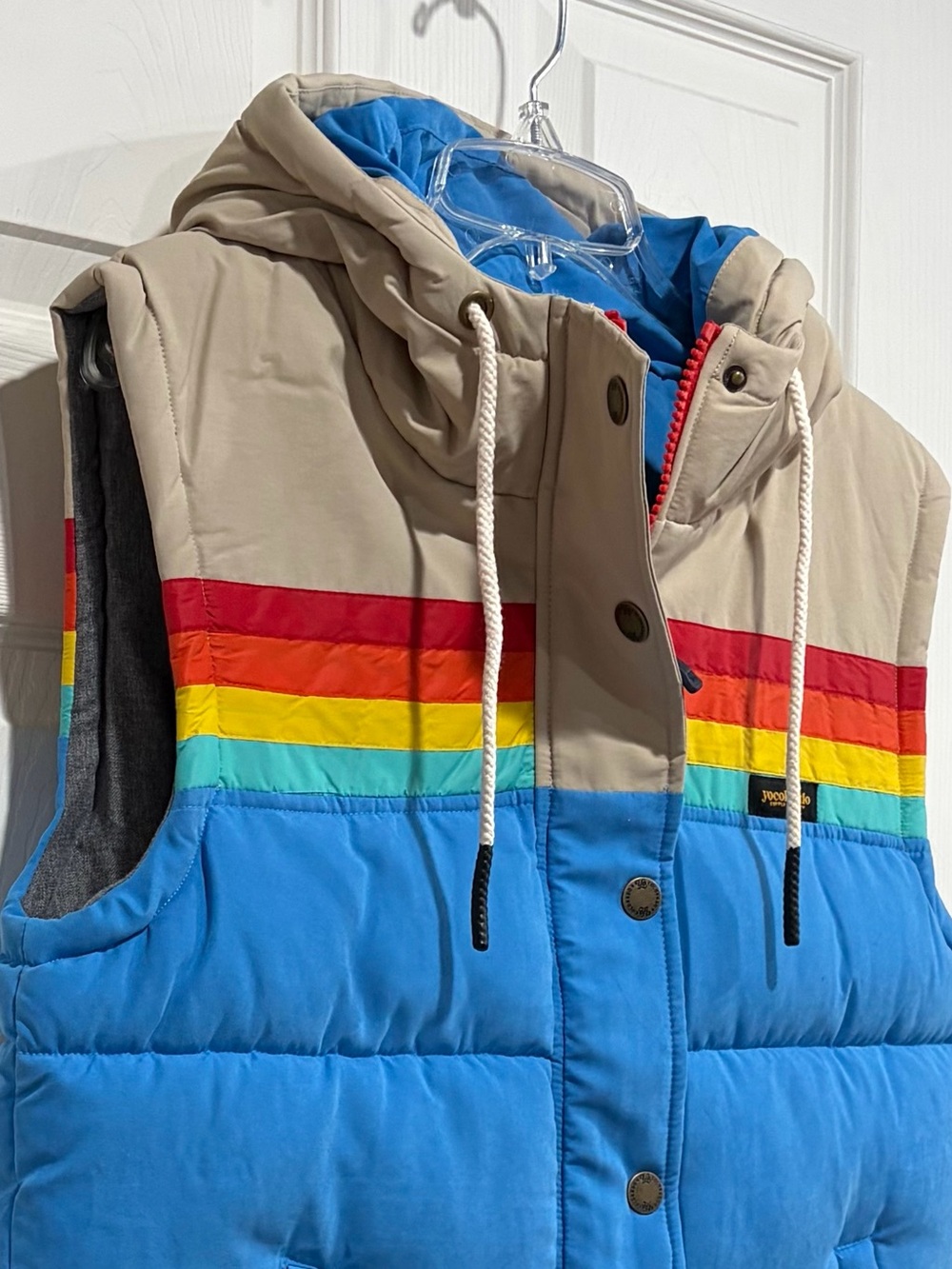 Yo Colorado Women's Large Epic Bluebird Puffer Hooded Vest NWT Blue Red Puff - Picture 2 of 13
